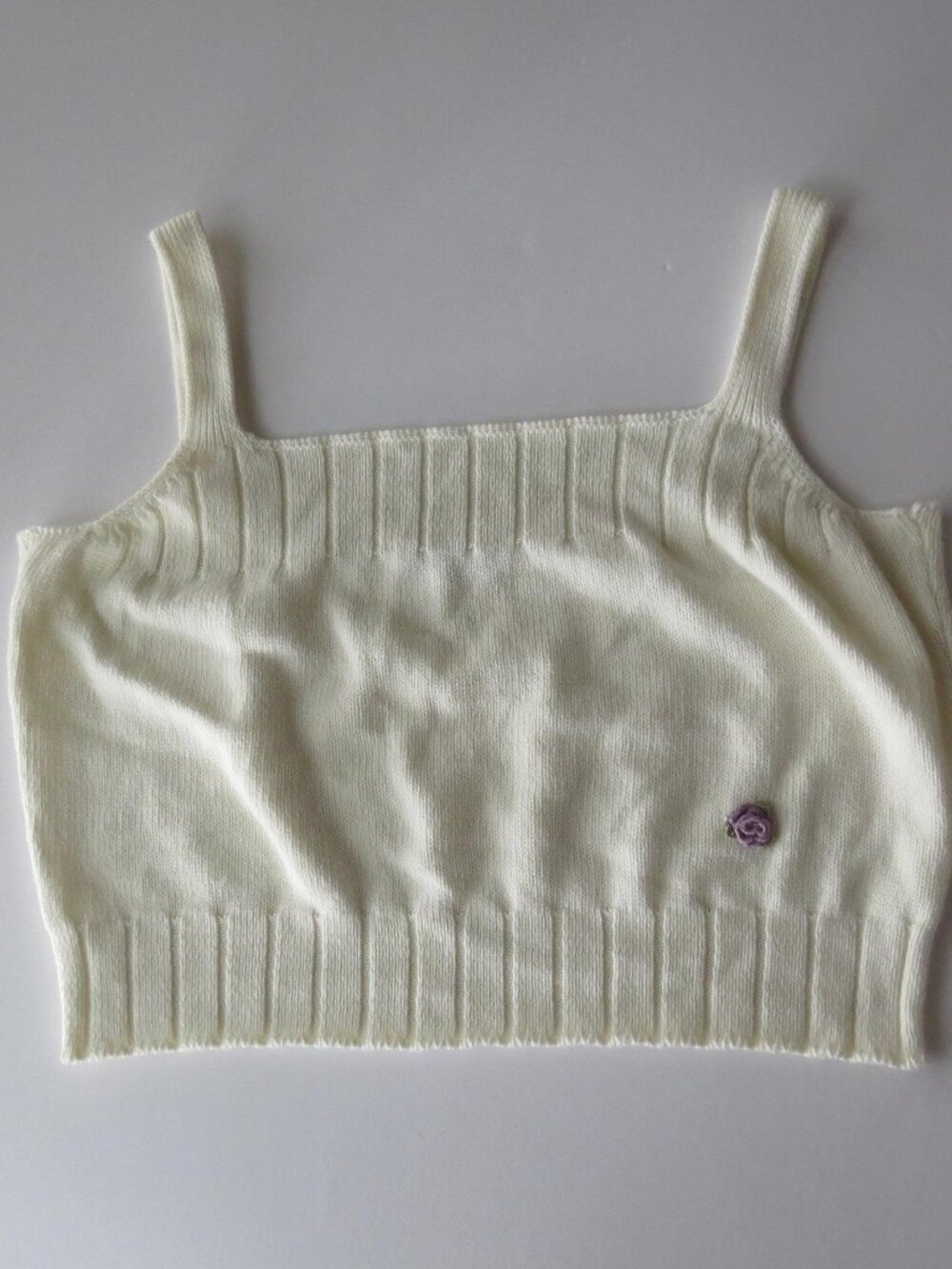 Vintage Knit Crop Top, Cream Ribbed Cami, Lilac Rosettes, 2000s Square Neck, Ita